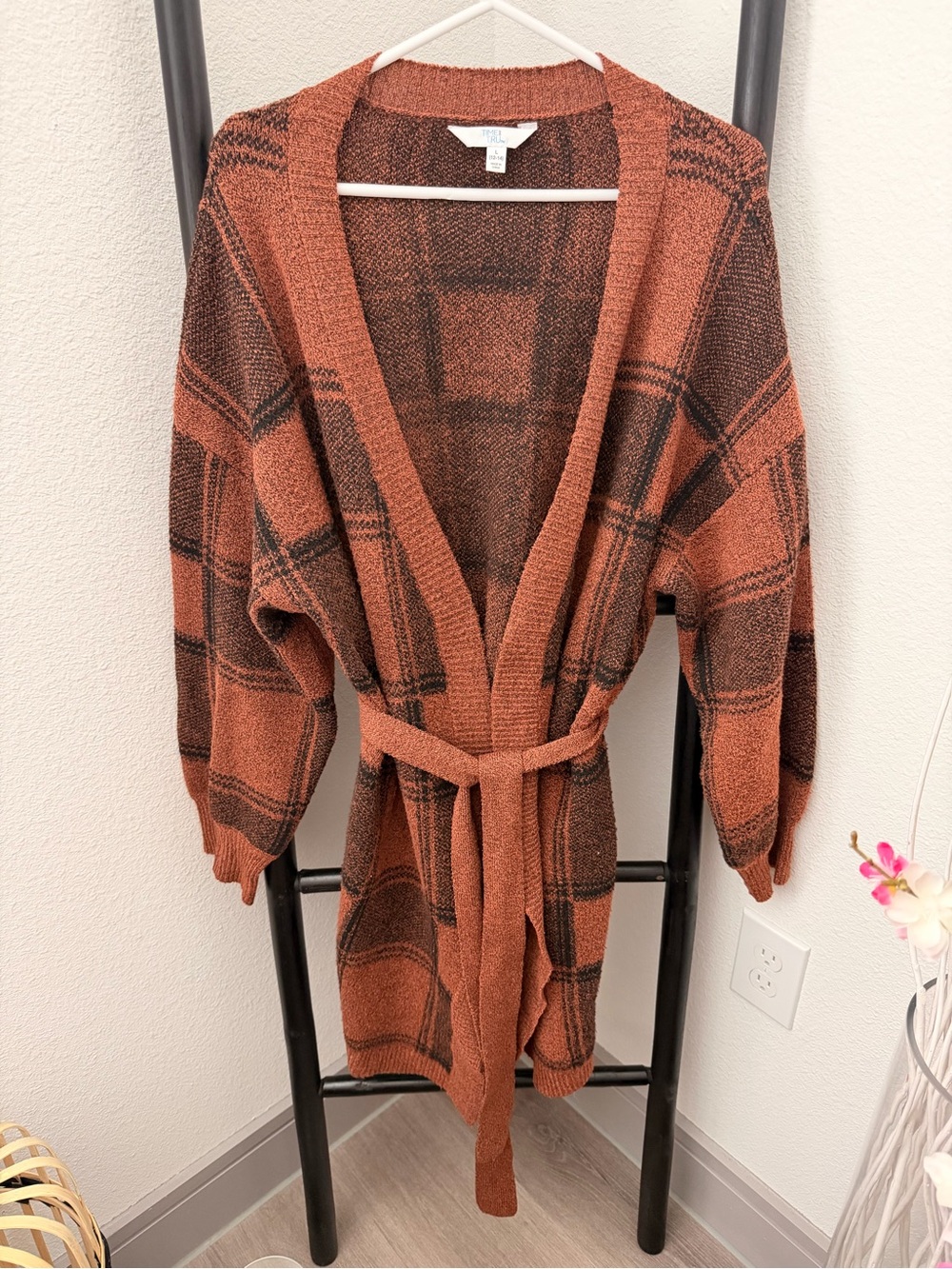 Time and Tru Rust Plaid Open-Front Belted Cardigan